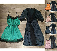 Комплект женский: халат 3/4 рукав+ночная рубашка на тонкой бретеле, атлас, SAIMEIQI (размер XL)