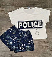 Комплект летний женский: футболка-топ с коротким рукавом+шорты, рисунок POLICE, SAIMEIQI (размер L)