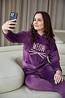 Жіноча велюрова піжама домашній костюм Котик р.S,M,L Лаванда