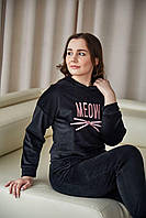 Жіноча велюрова піжама домашній костюм Котик р.S,M,L Чорний