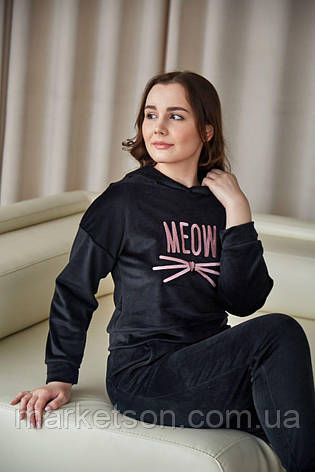 Жіноча велюрова піжама домашній костюм Котик р.S,M,L Чорний, фото 1