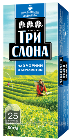 Чай чорний 1.5 г*25, пакет, "Чорний з бергамотом", ТРІ СЛОНА