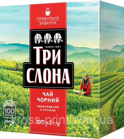 Чай чорний 1.5 г*100, пакет, "Чорний", ТРІ СЛОНА