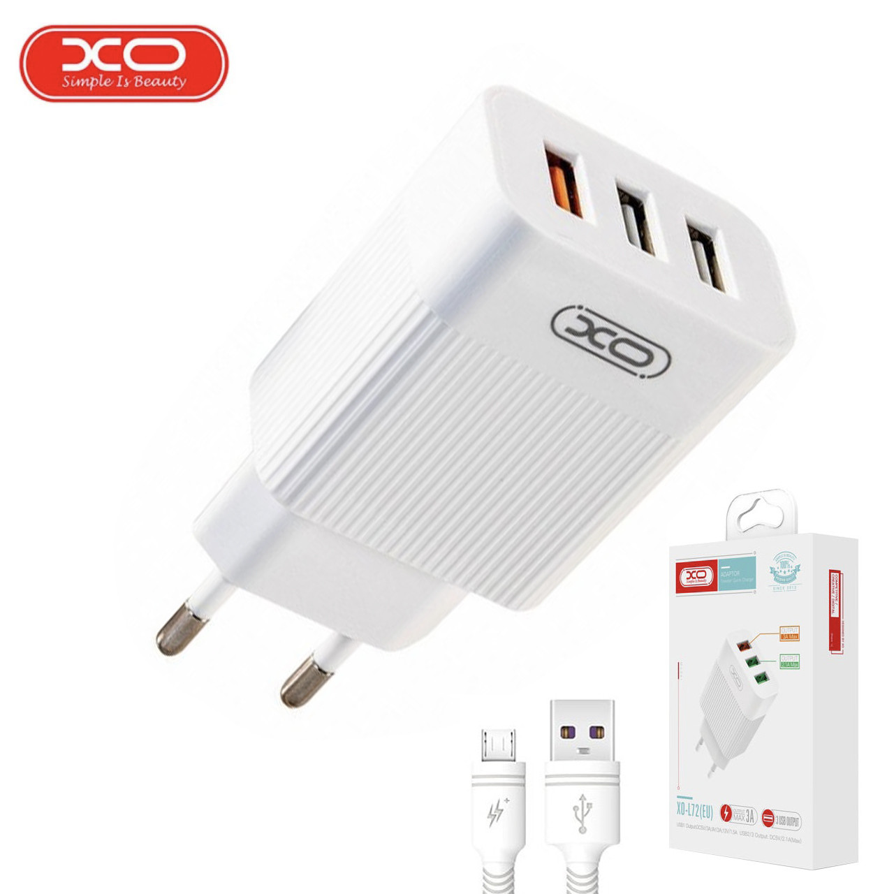 Мережевий зарядний пристрій XO L72 QC3.0 3USB/3A з кабелем USB - MicroUSB Білий