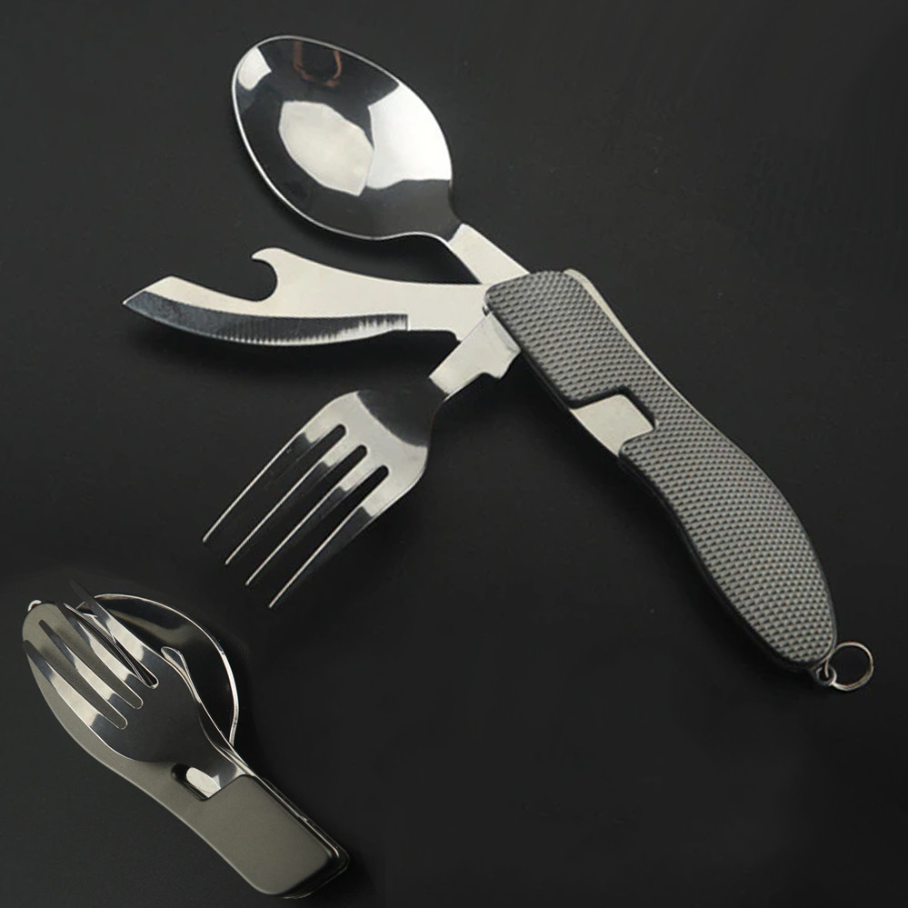 Похідний мультитул ложка вилка ніж 3 в 1 складний туристичний кухонний набір для кемпінгу, фото 1