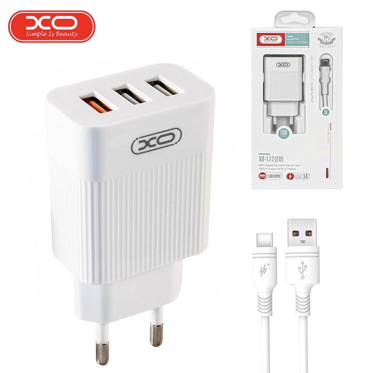 Мережевий зарядний пристрій XO L72 QC3.0 3USB/3A з кабелем USB - Type-C Білий