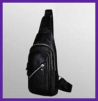 Классическая мужская кожаная сумка бананка на грудь черная | Кроссбоди барсетка для мужчин натуральная кожа