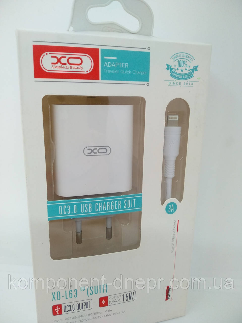 Мережевий зарядний пристрій XO L63 3 A + USB iPhone, Lightning