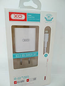 Мережевий зарядний пристрій XO L63 3 A + USB iPhone, Lightning