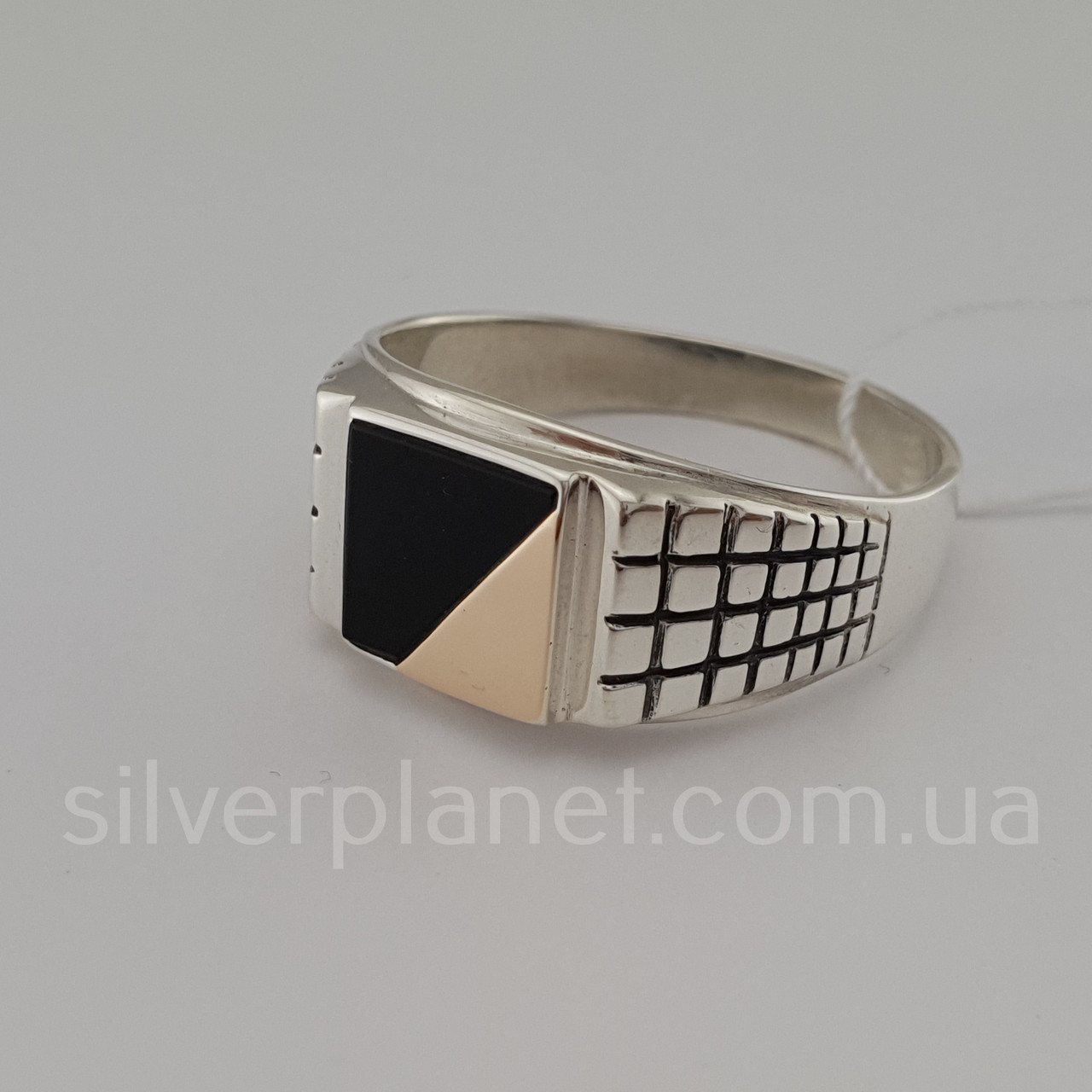 Чоловіча срібна каблучка печатка з золотом і оніксом 22,5 розмір, фото 1