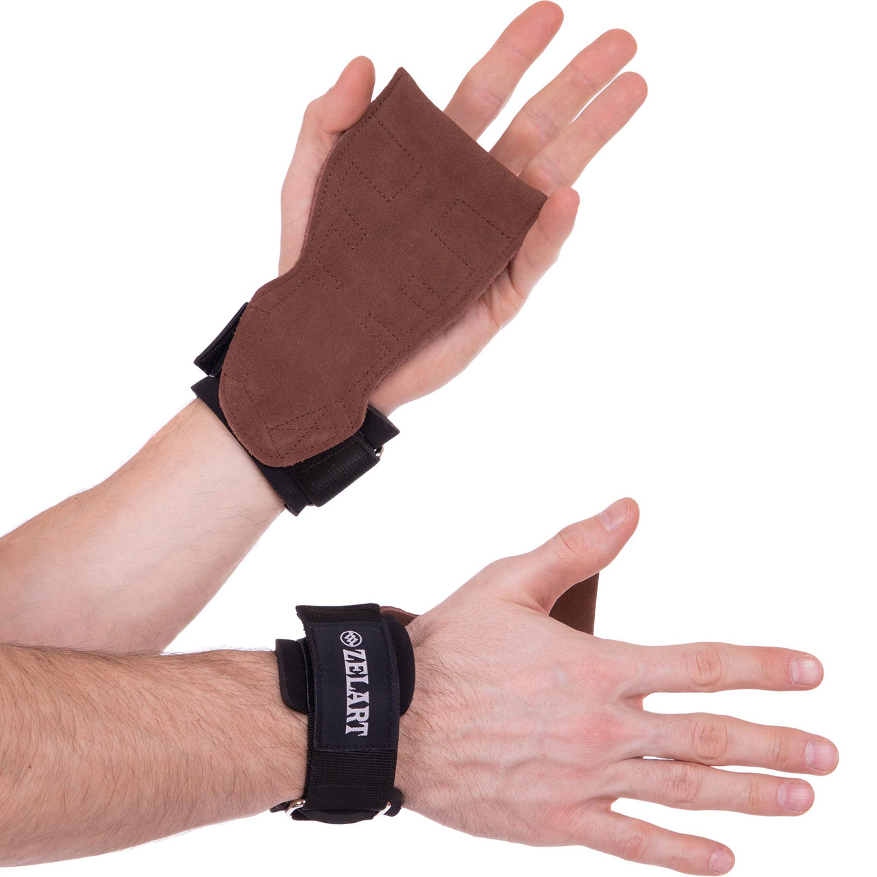 Накладки атлетичні грипад шкіряні з напульсником для фітнесу Zelart 2255 Black-Brown, фото 1