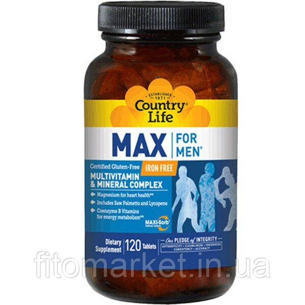 Вітаміни та мінерали для чоловіків Max For Men Free Iron Country Life 120 таблеток
