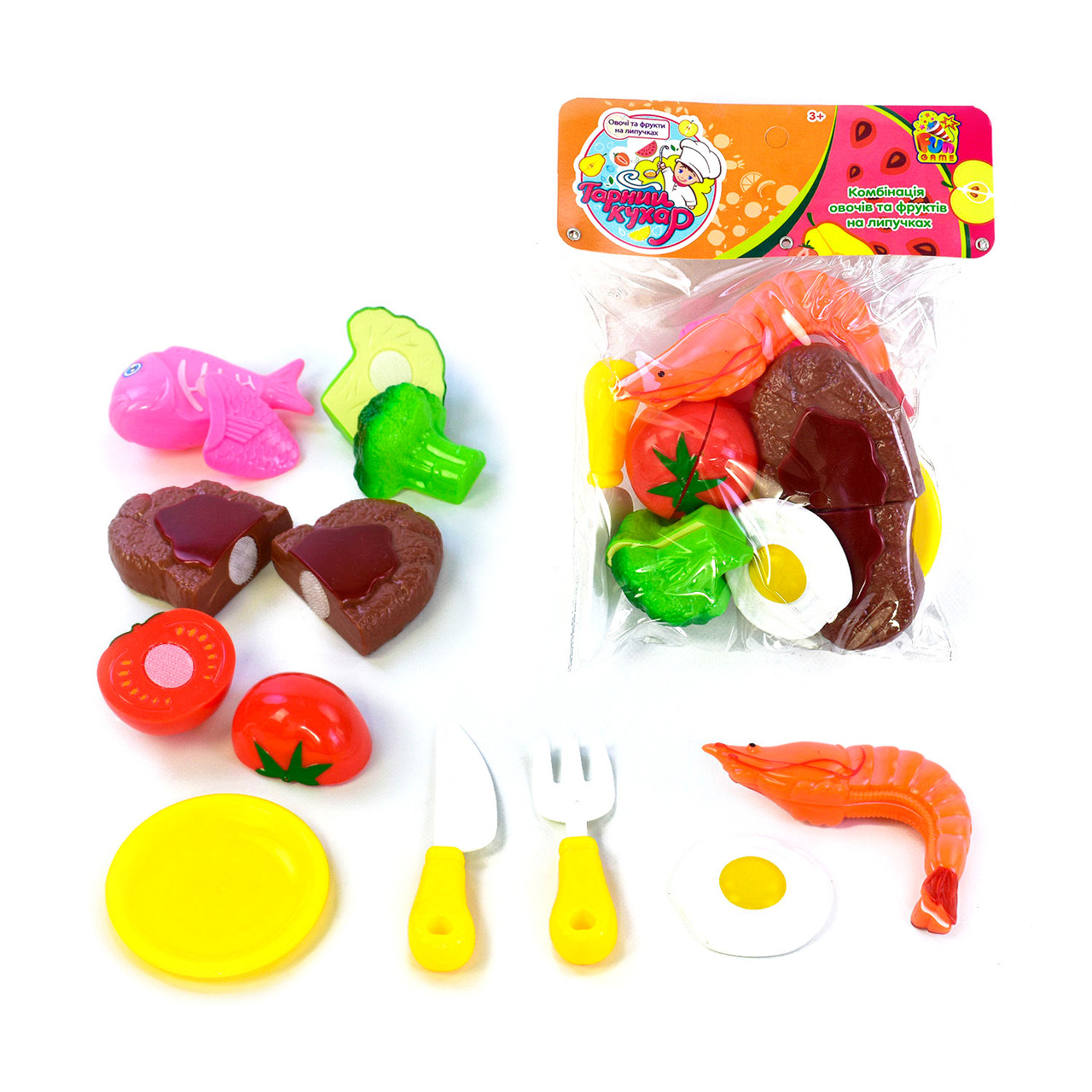 Продукти на липучках 4FUN Game Club, пластик, половинки, ніж, виделка, тарілка (1040)