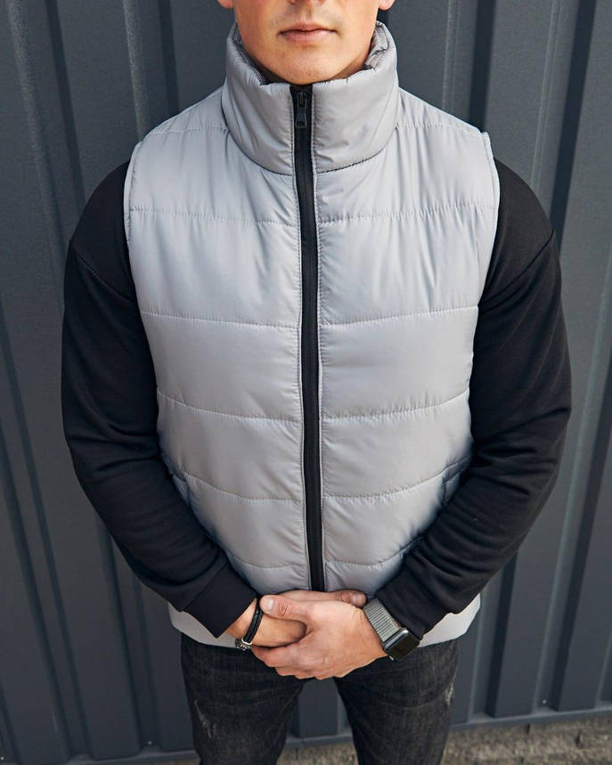 Мужская жилетка безрукавка дутая серого цвета, жилетки мужские весна-осень на молнии с карманами спортивные, фото 1