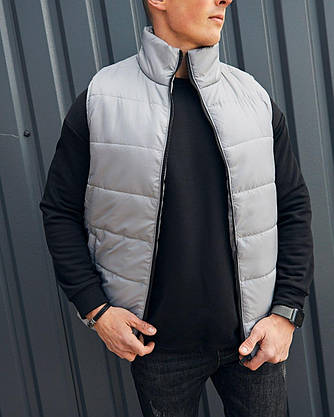 Мужская жилетка безрукавка дутая серого цвета, жилетки мужские весна-осень на молнии с карманами спортивные, фото 5