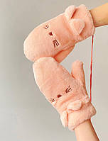 Рукавиці Котики зимові теплі рожеві, рукавички на дорослого