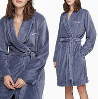 1, Короткий теплый плюшевый халат с шалевым воротником с логотипом и поясом Calvin Klein Оригинал Размер M-L
