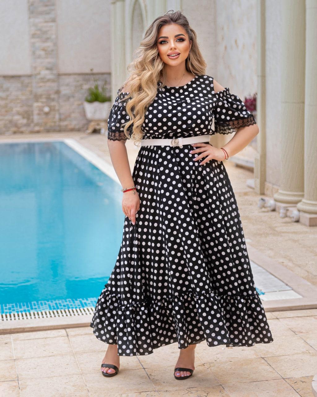 Довге жіноче чорне плаття в горошок з вирізами на плечах великі розміри, фото 1
