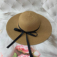 Шляпа женская летняя с полями 10 см и черной лентой кофейная