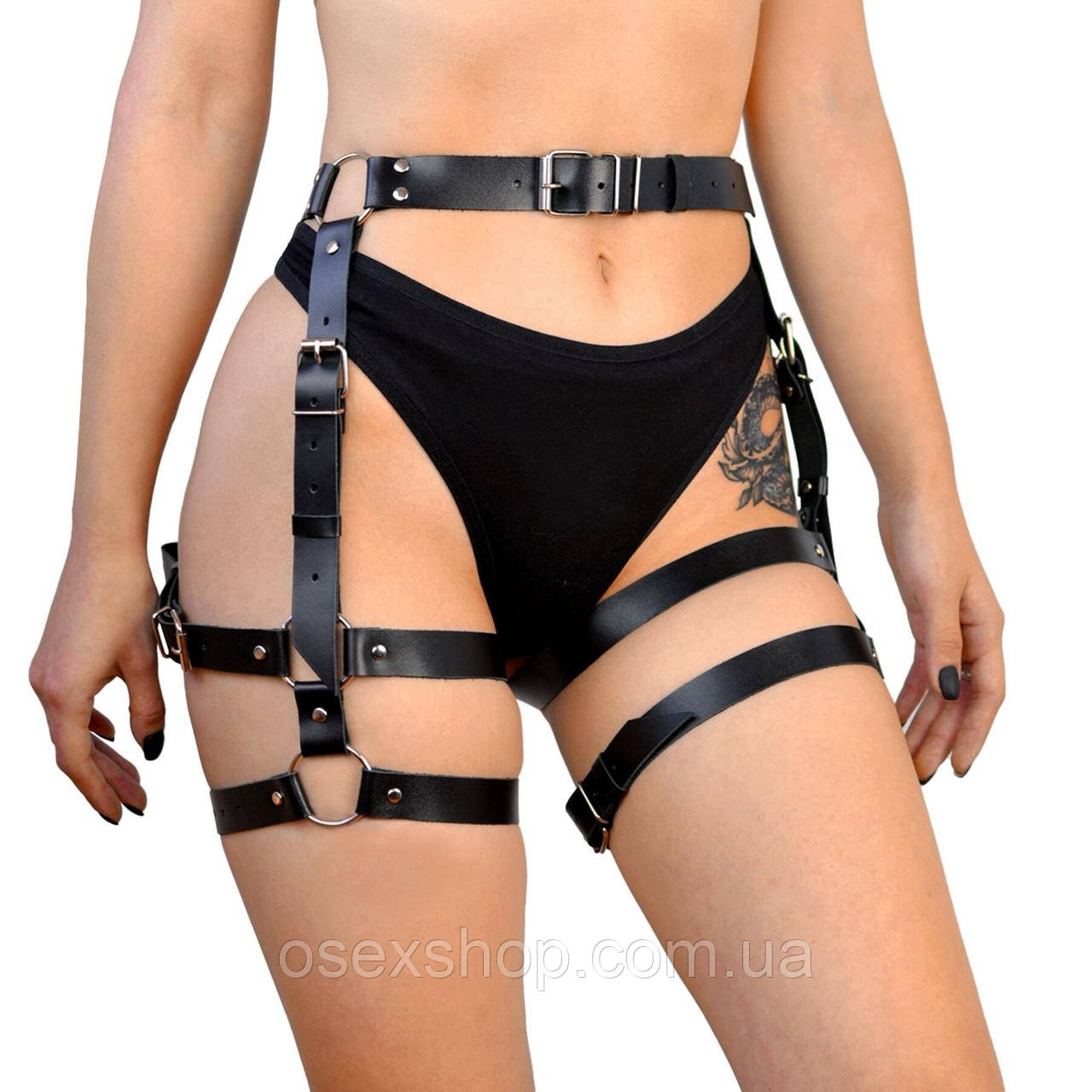 Гартери Art of Sex — Claire, натуральна шкіра, розмір L-2XL, колір чорний