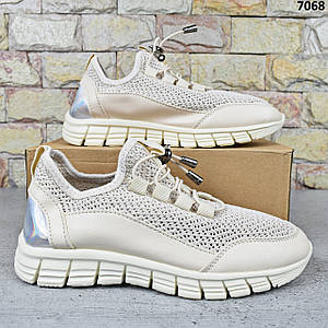 Кросівки жіночі весняно-літні KMB, бежеві кросівки на пінковій підошві текстиль + екошкіра