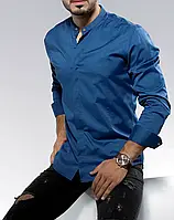 Рубашка стойка синего цвета с кнопкой и потайными пуговицами S, M размер MI-33