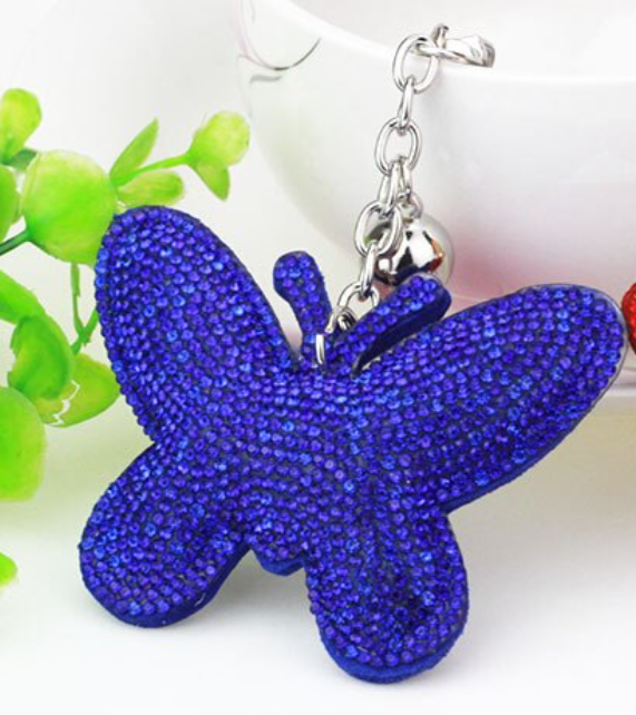 Брелок на ключи или сумку серебристый металл кисточка и крупная бабочка стразы замша синяя - фото 4 - id-p1813871818