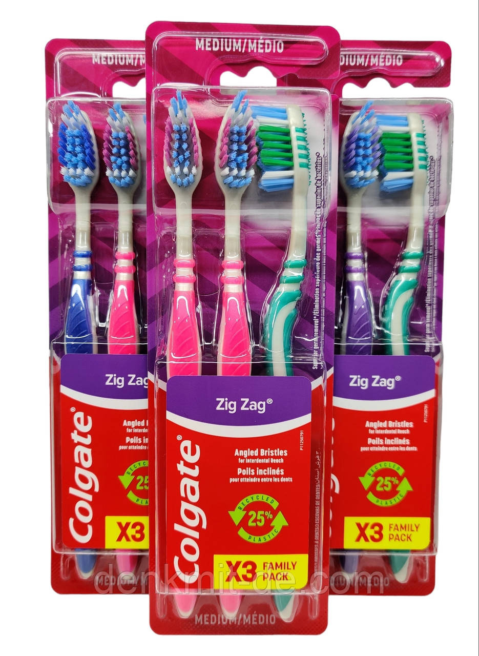 Зубні щітки Colgate Zig Zag Сімейна упаковка Середньої жоскості 3 шт.