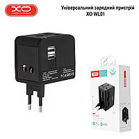 Универсальное зарядное устройство XO WL01 UK/EU/US, сетевой переходник с двумя USB портами Черный