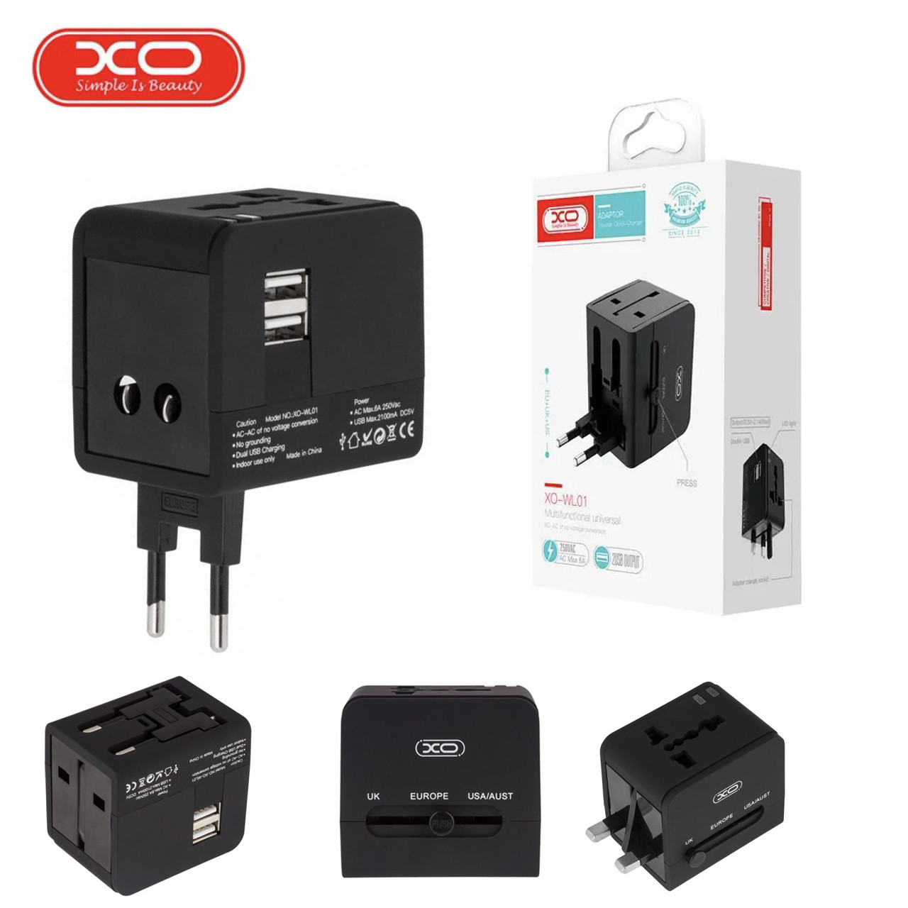 Зарядний пристрій універсальний XO WL01 UK/EU/US, мережний перехідник з двома USB портами Чорний, фото 1