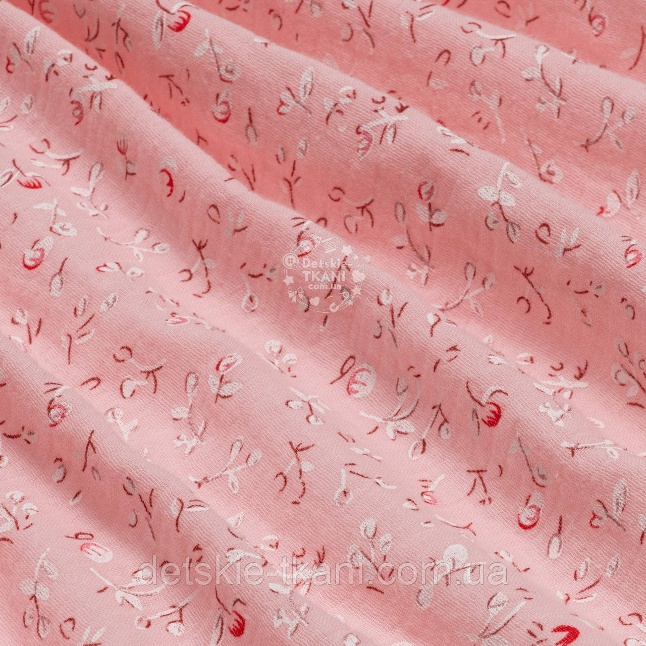 Двошаровий жатий муслін "Біло-червоні квіточки" на рожевому фоні, ширина 135 см