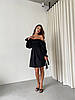 Чорна жіноча легка приталена сукня з льону з об'ємними пишними рукавами та відкритими плечима, фото 2