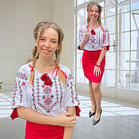 Вышиванка для девочки подростка с геометрическим орнаментом на белой ткани 36-44