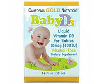 Рідкий вітамін D3 для дітей, California GOLD Nutrition "Baby D3" холекальциферол у краплях, 10 мкг/400 МО (10