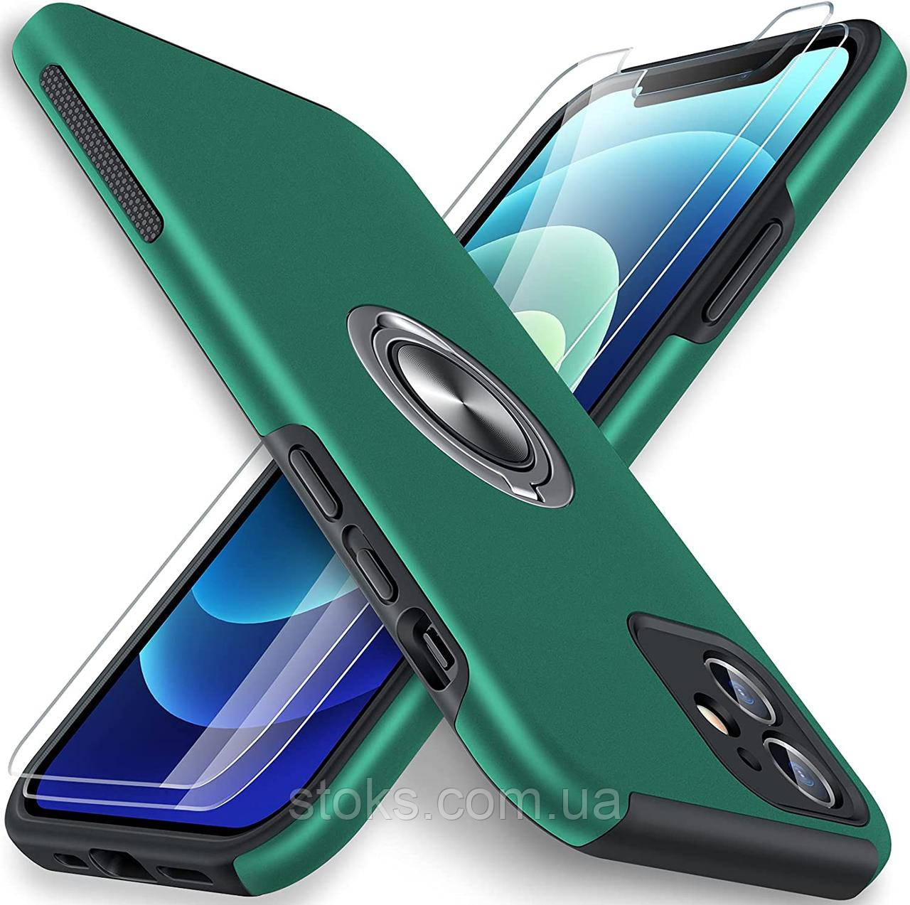 Комплект Чохол + 2 Стекла для iPhone 12 з підставкою Зелений/Чорний, фото 1