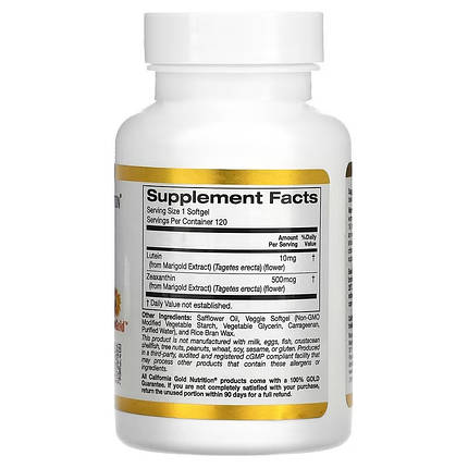 Лютеїн та зеаксантин California Gold Nutrition Lutein 10 мг with Zeaxanthin 120 капс., фото 3