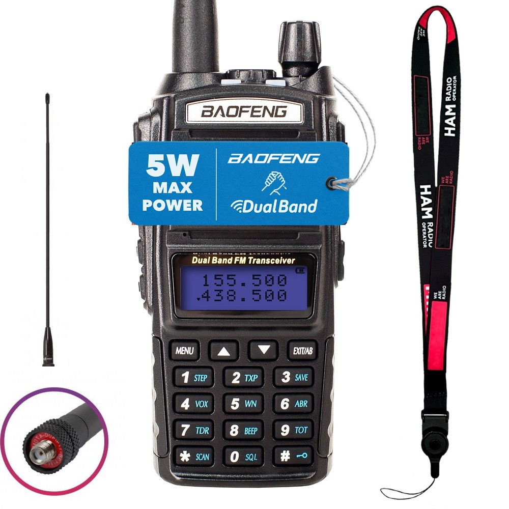 Комплект Рація Baofeng UV-82 5W + Гарнітура + Ремінець на шию + Антена Mirkit MP-771 (144/430 Мгц) SMA-J,