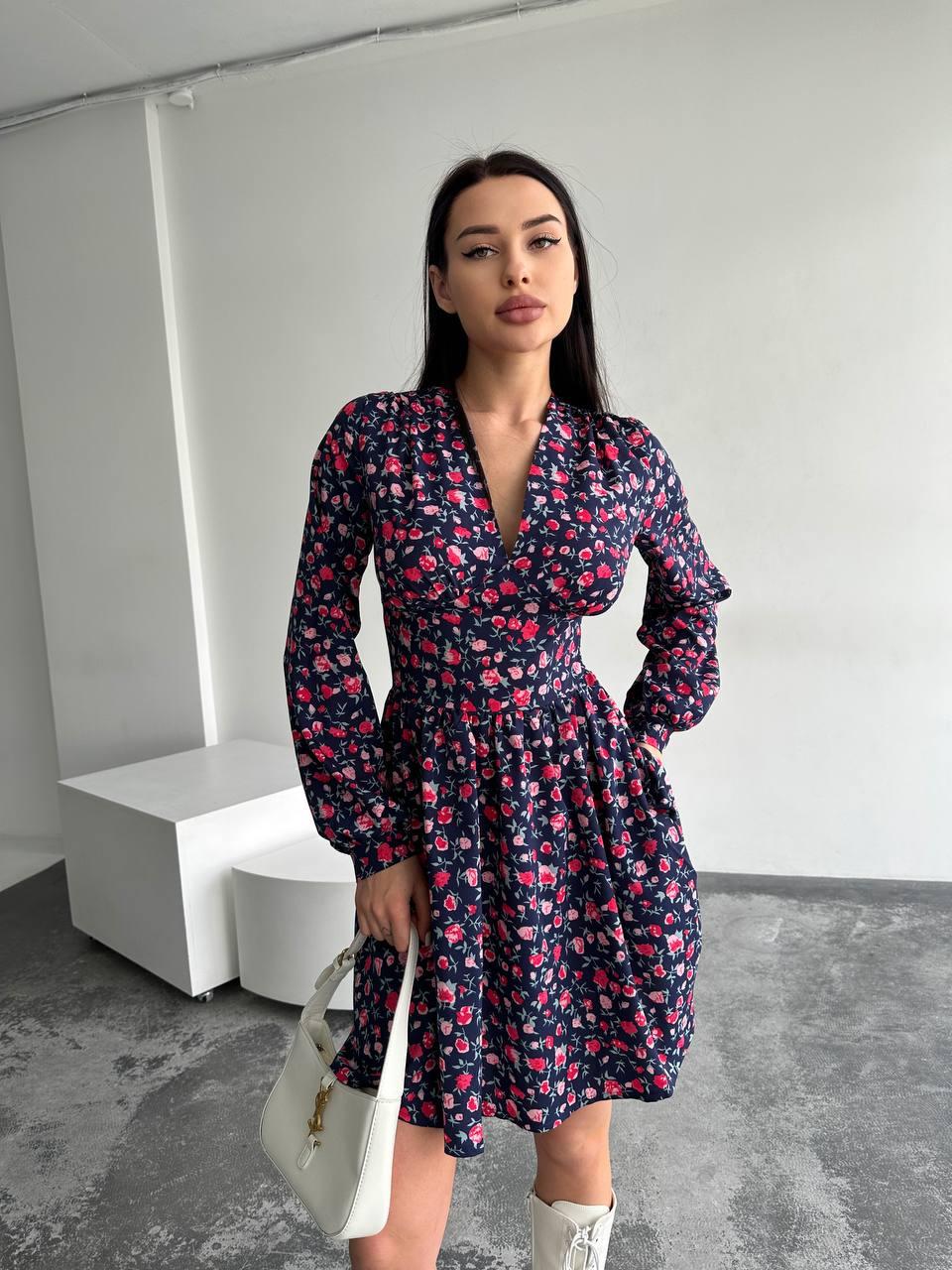 Літня жіноча сукня з імітацією корсета (Розміри 42-48), Синя в квітковий принт, фото 1