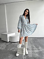 Літня жіноча сукня з імітацією корсета (Розміри 42-48), Біла в квітковий блакитний принт