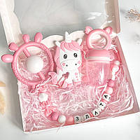 Подарунки для новонароджених з іменною іграшкою гризунок Єдиноріг, на виписку, хрестини, півроку, для дівчинки