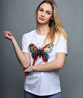 Белая футболка женская с принтом (пайетки) ОПТ, футболки для женщин трикотажные р.M L XL