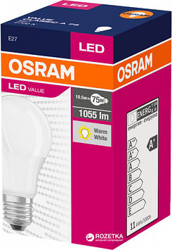 Лампа LED Osram CL A Value 75 10.5 W/827 220-240V FR E27, Gp, гарної якості, лампа економка, Лампа супер економна,