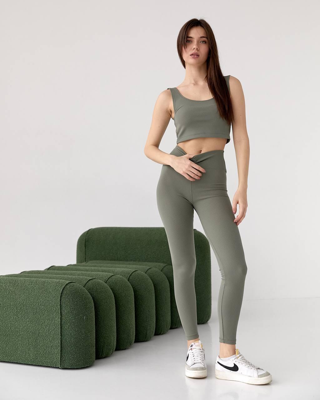 Костюм жіночий топ і лосіни в рубчик для спорту, дому та прогулянок, фото 1