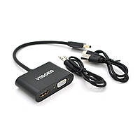 Конвертер VEGGIEG H-V1B HDMI (тато) на VGA (мама) + HDMI (мама), 25cm, Black, Пакет