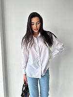 Женская удлиненная базовая,однотонная классическая хлопковая рубашка,с манжетами, размер 42-44,46-48 46/48, Белый