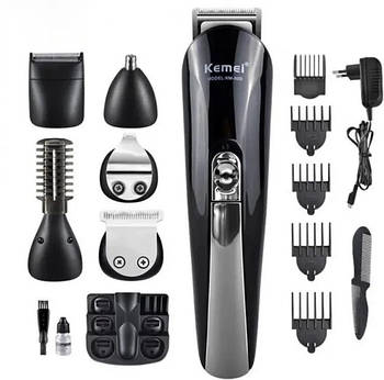 Акумуляторна машинка для стриження волосся й бороди вусів Kemei KM-600 набір із насадками бездротовий тример