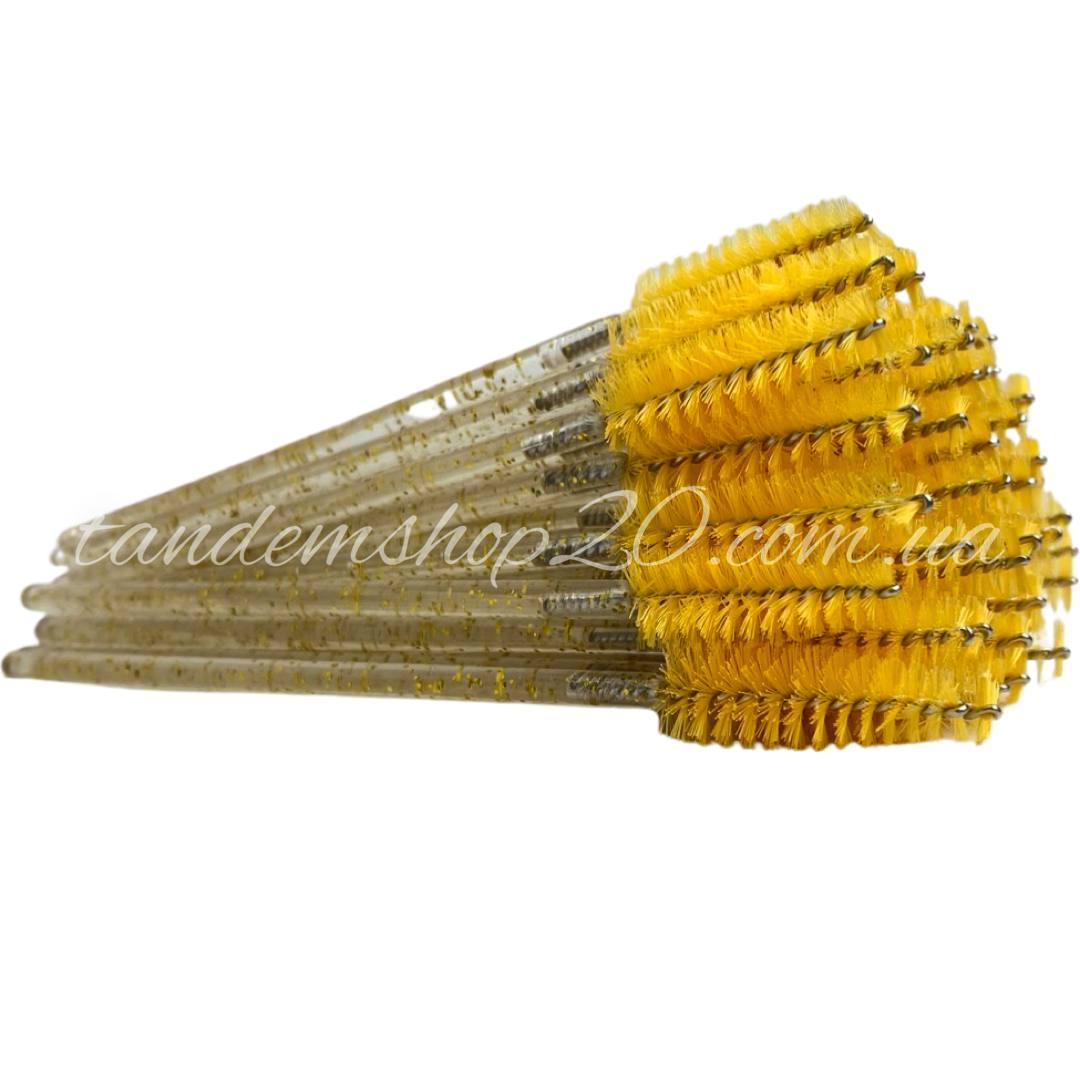 Щіточки нейлонові для брів та вій, колір жовтий, ручка з блискітками, упаковка 50 шт, фото 1