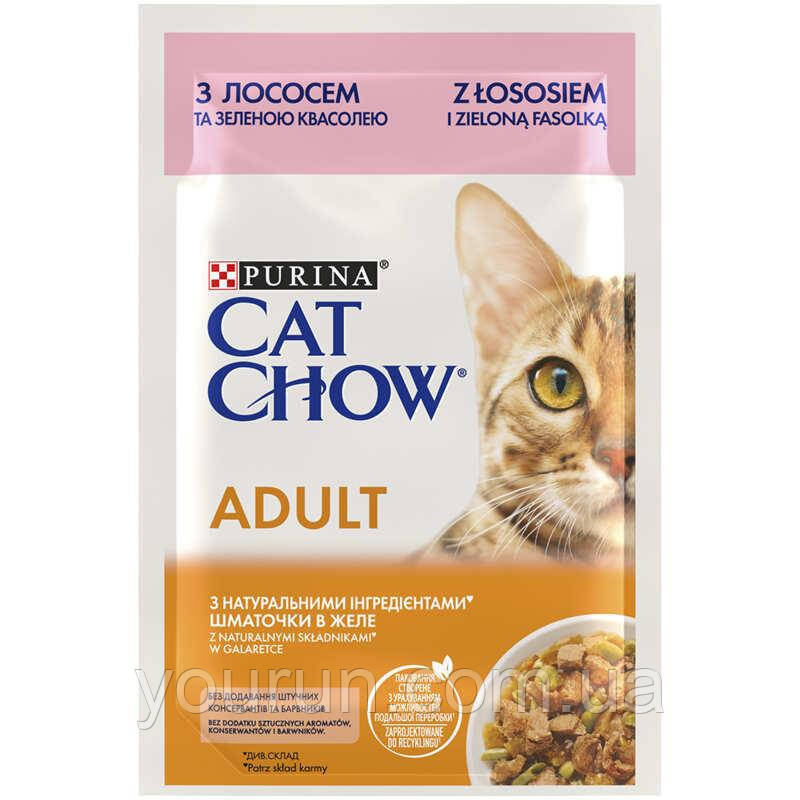 Cat Chow (Кет Чау) Adult Консерви для дорослих кішок з лососем і зеленою квасолею в желе 85г, фото 1