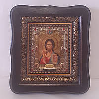 Икона Господа Вседержителя, лик 10х12 см, в темном деревянном киоте со вставками
