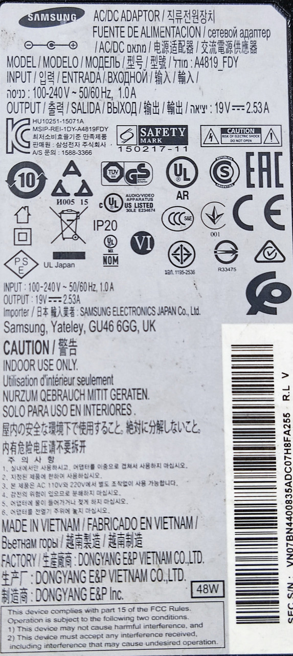 Блок питания Samsung A4819-FDY | 19V 2.53A 48W | 6.5x4.4mm | Б/У - фото 5 - id-p1814266426